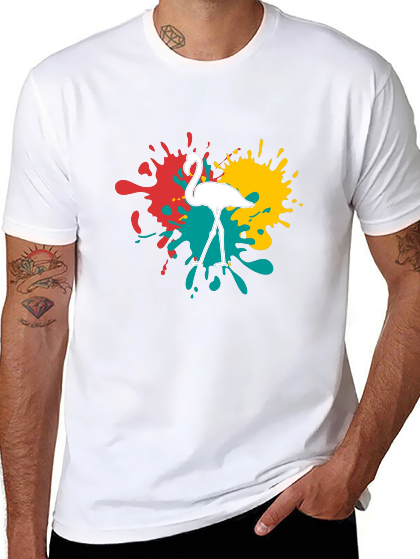 Flamingo Splatter Graphic T-Shirt - Black