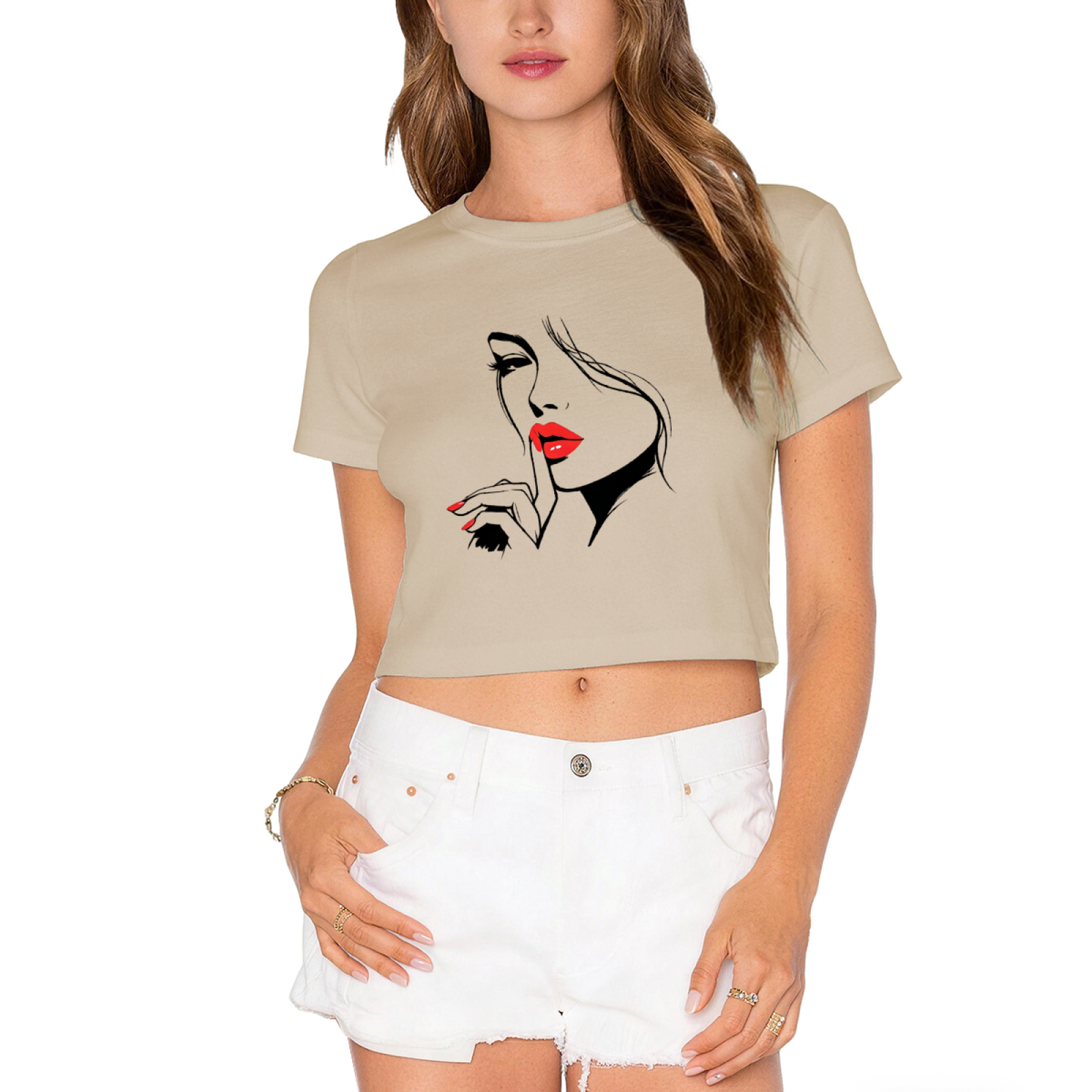 Sultry Red Lips Minimal Lady Line Art Hot Pink Crop Top