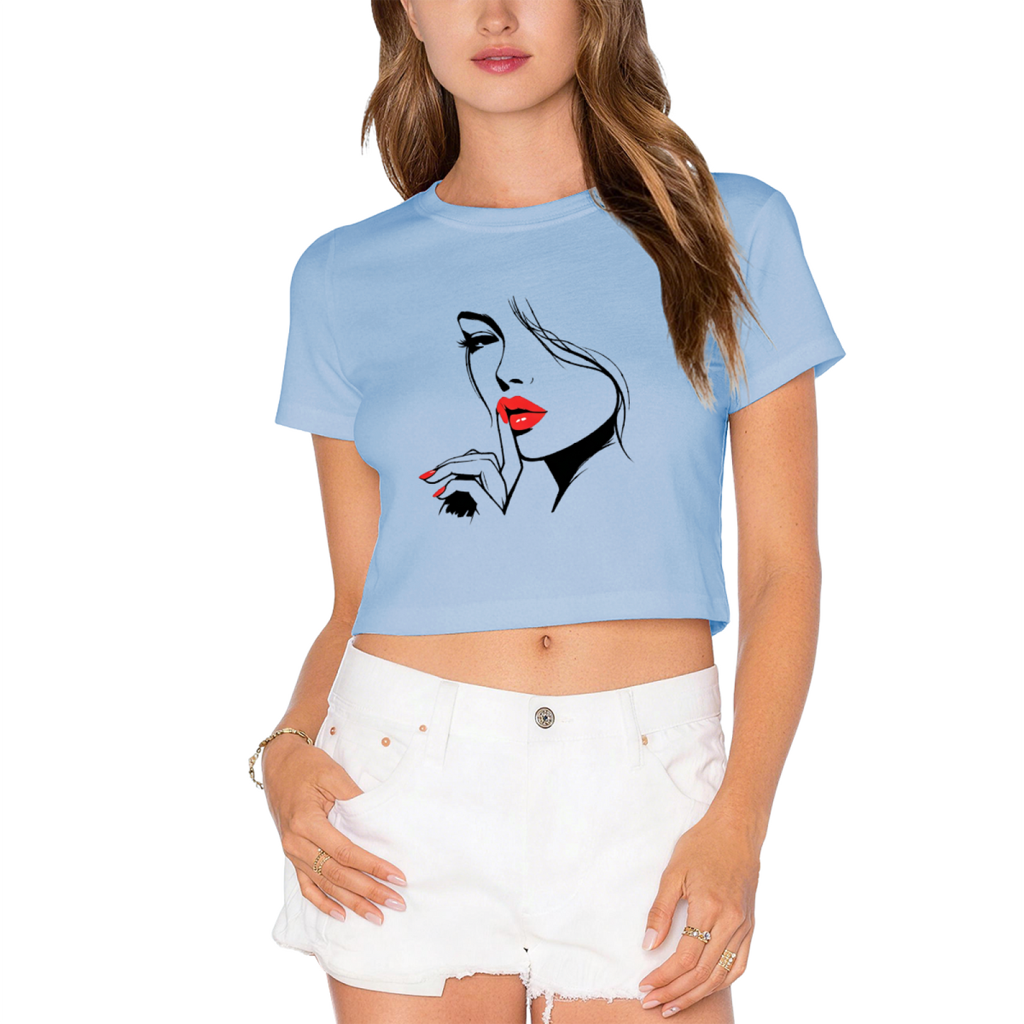 Sultry Red Lips Minimal Lady Line Art Hot Pink Crop Top