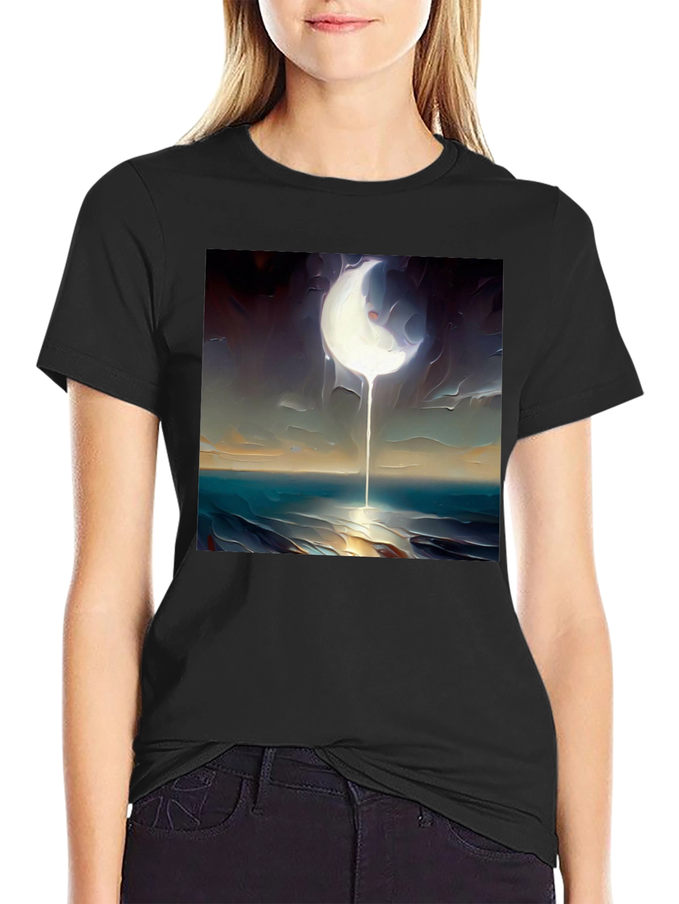 Abstract Moonscape Graphic Tee - Black Cotton Casual