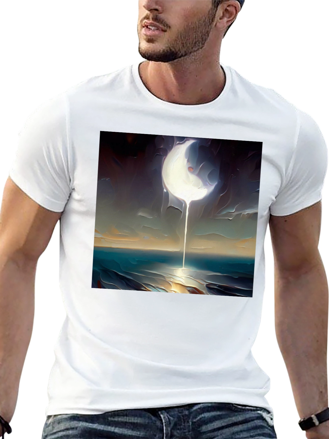 Abstract Moonscape Graphic Tee - Black Cotton Casual