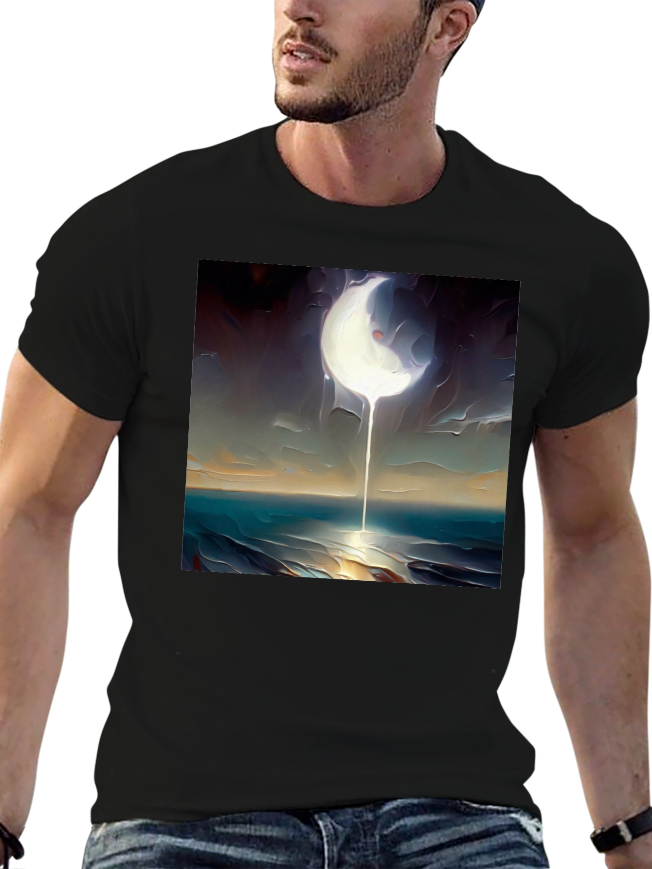 Abstract Moonscape Graphic Tee - Black Cotton Casual