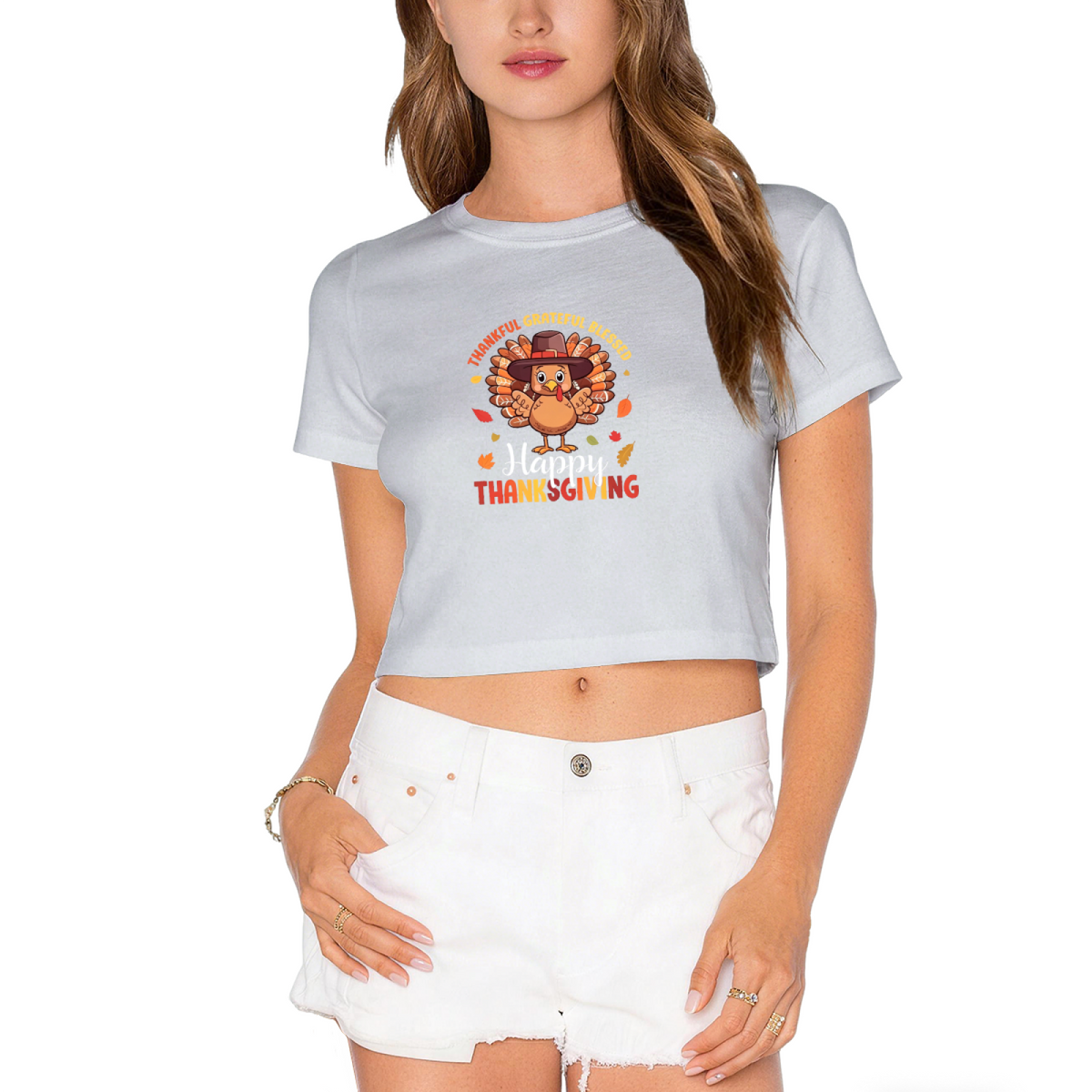 Thankful Grateful Blessed Turkey Thanksgiving Cropped Tee