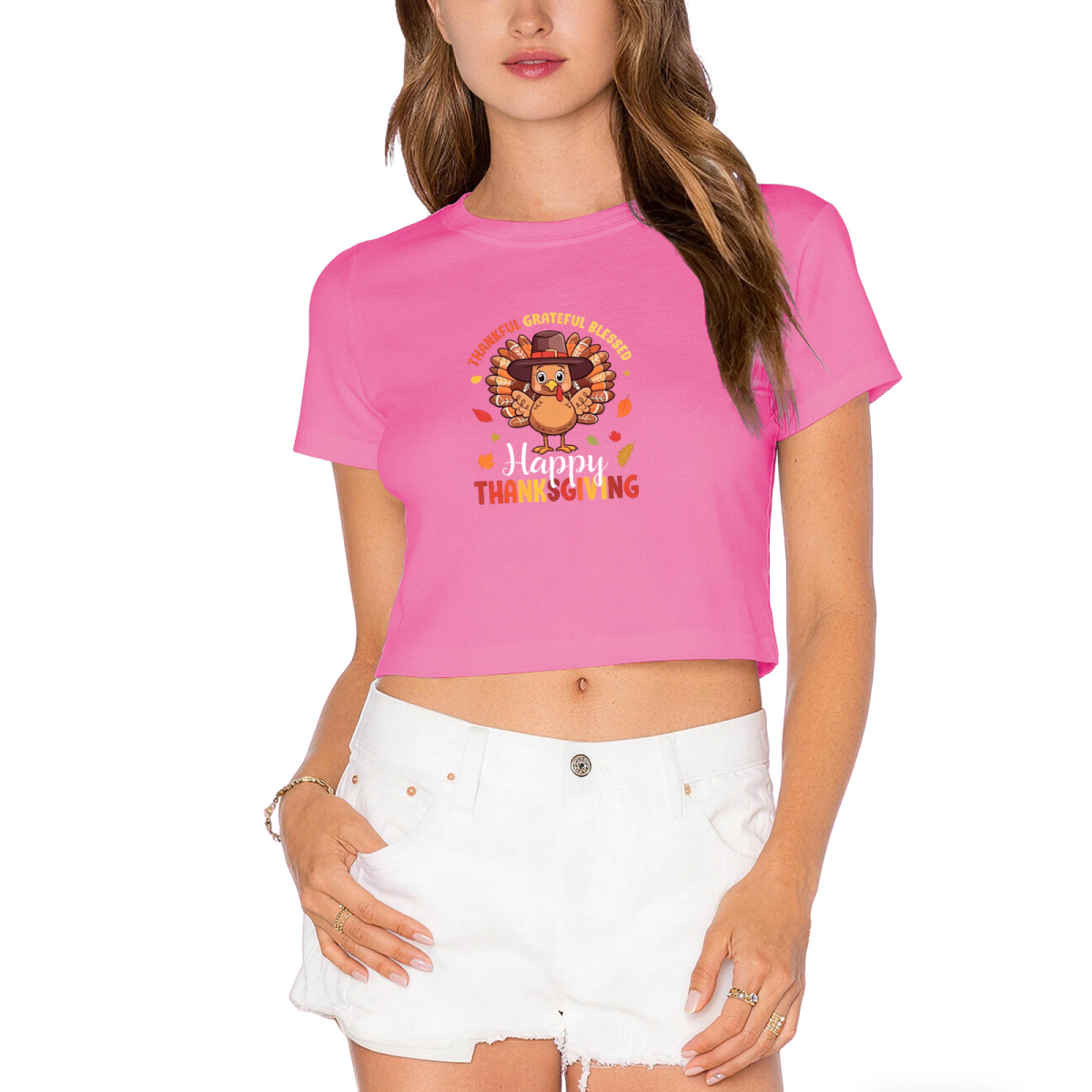 Thankful Grateful Blessed Turkey Thanksgiving Cropped Tee