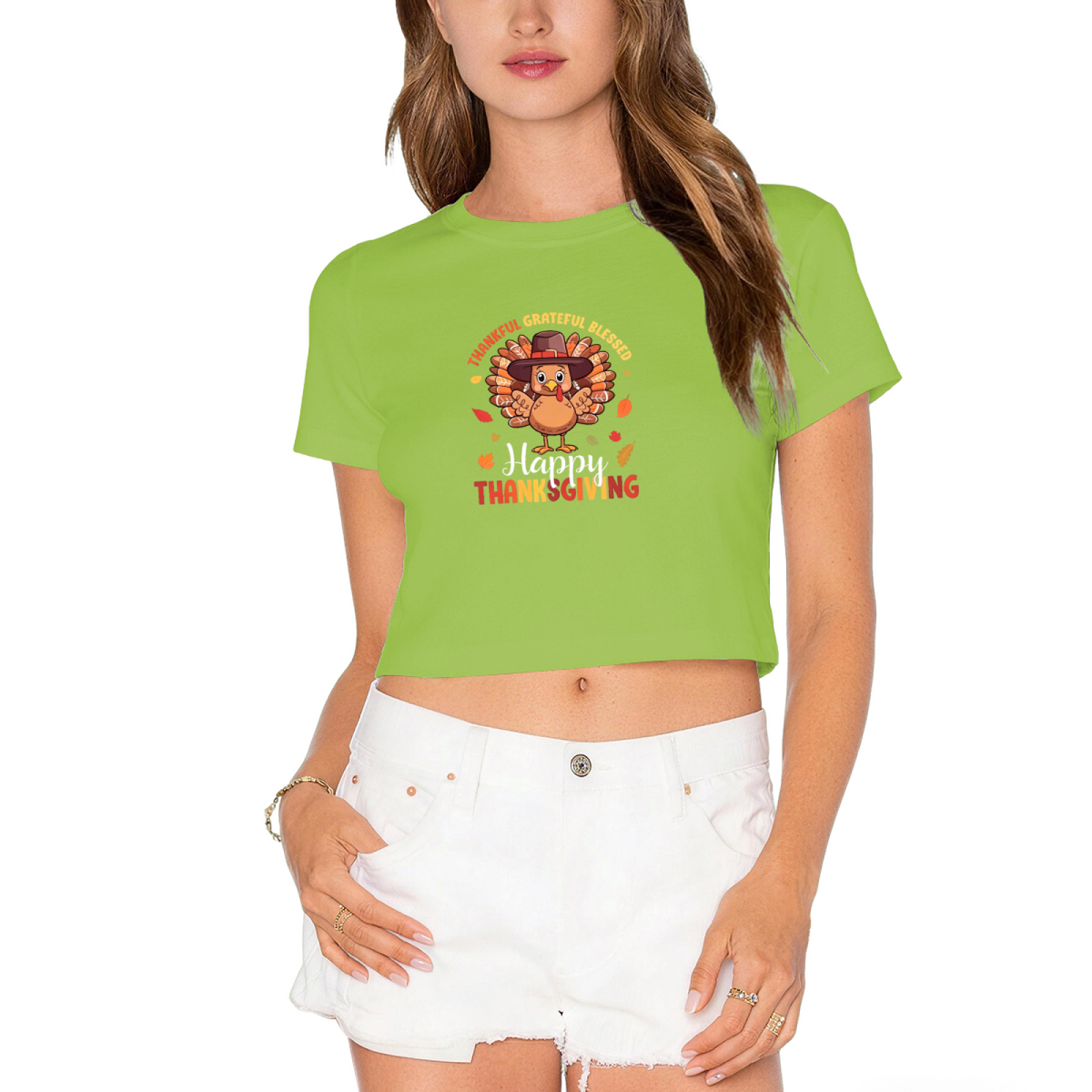 Thankful Grateful Blessed Turkey Thanksgiving Cropped Tee