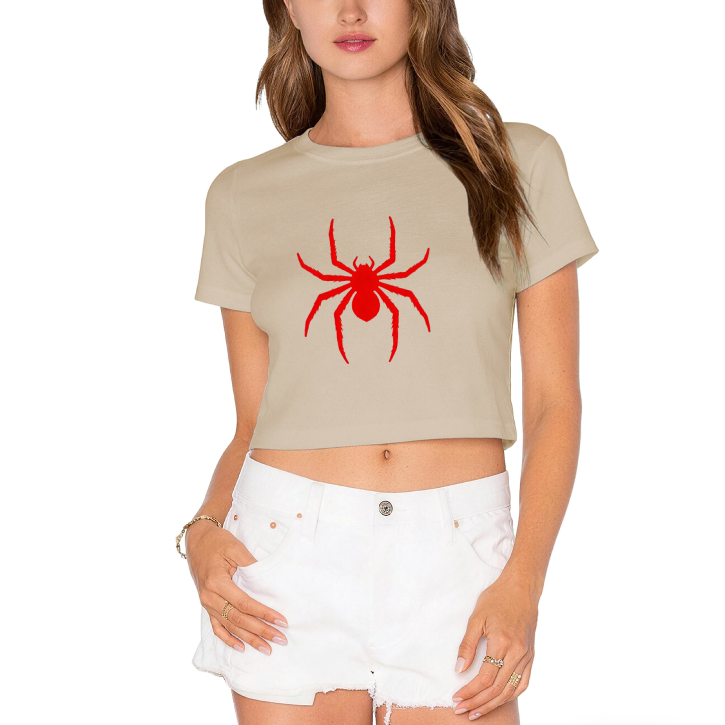 Bold Red Spider Silhouette Grey Crop Top ¨C Dark Grunge Streetwear Graphic Tee