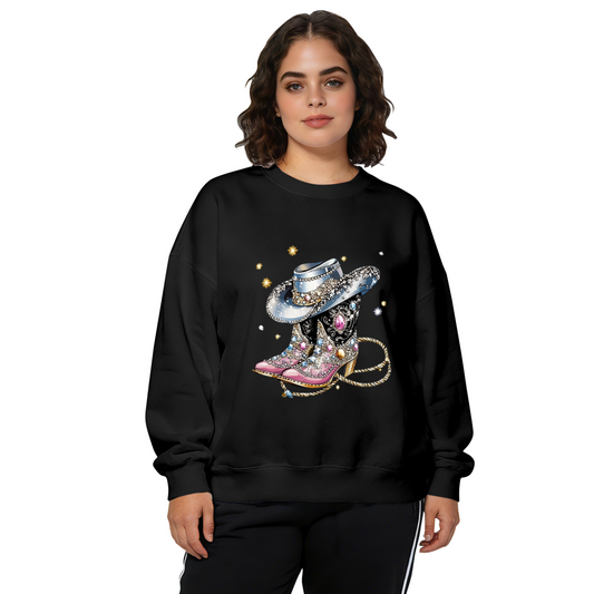 Sparkly Rhinestone Cowboy Boots Hat Western Crewneck Sweatshirt
