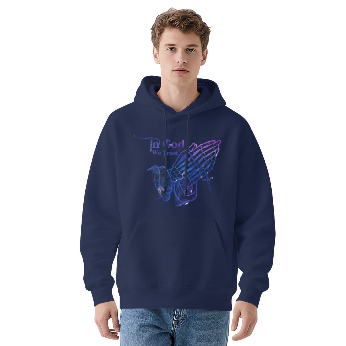 Neon Praying Hands In God We Trust Graphic Hoodie - Christian Faith Pullover