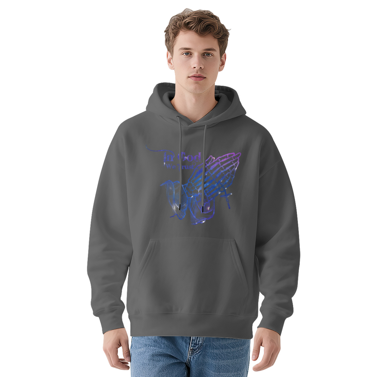 Neon Praying Hands In God We Trust Graphic Hoodie - Christian Faith Pullover