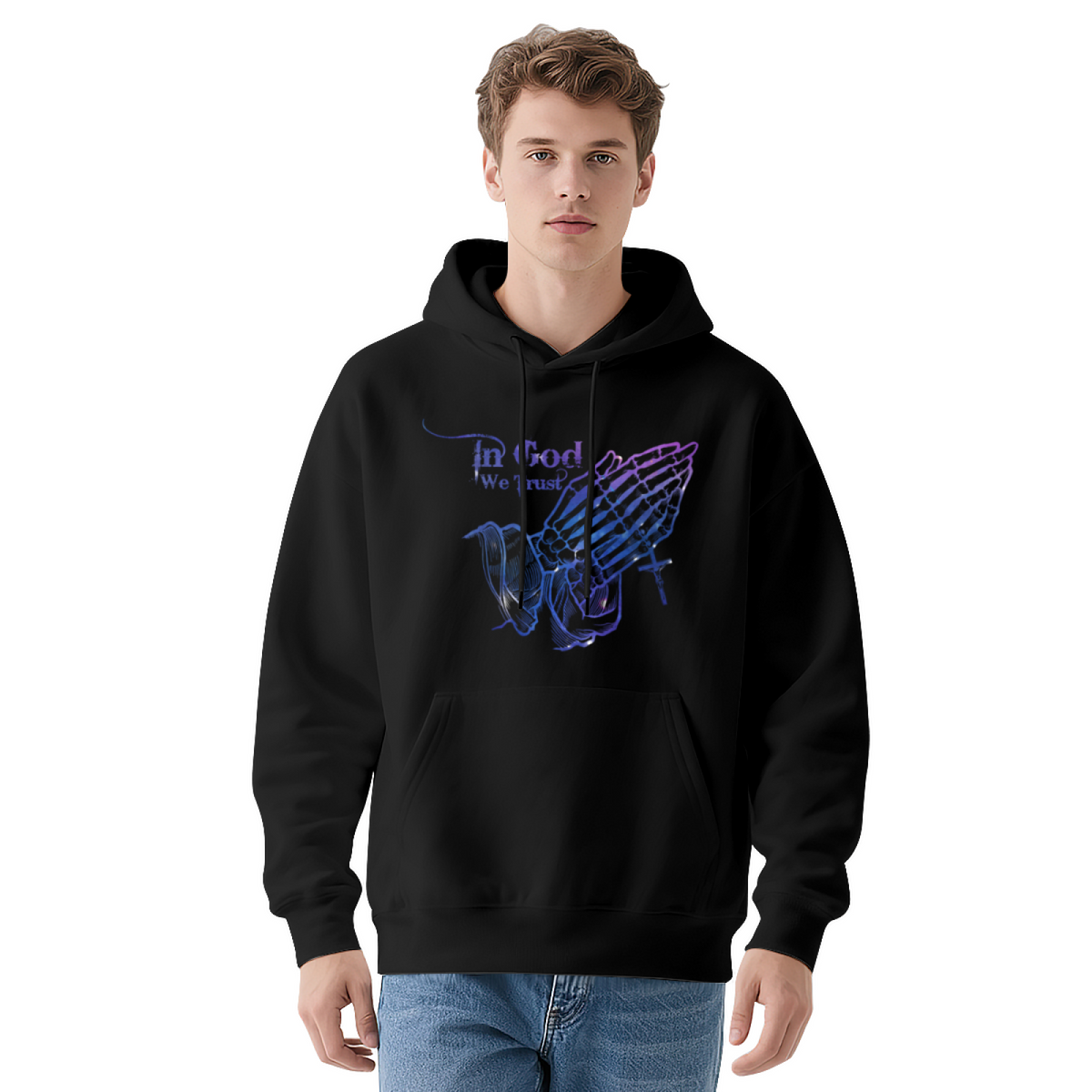 Neon Praying Hands In God We Trust Graphic Hoodie - Christian Faith Pullover