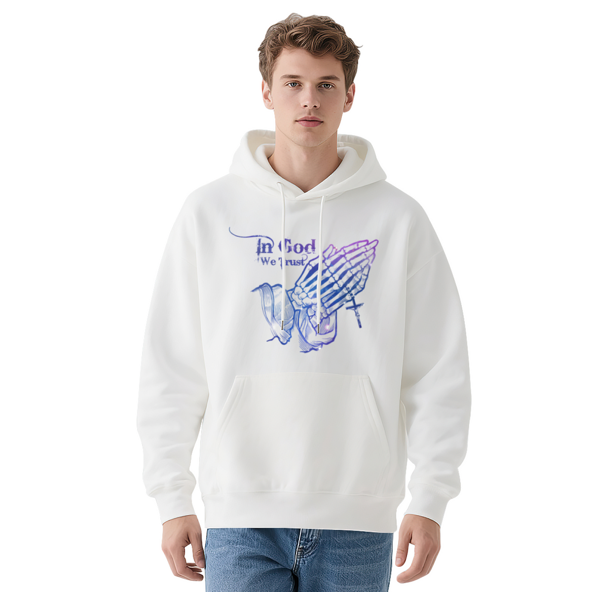 Neon Praying Hands In God We Trust Graphic Hoodie - Christian Faith Pullover
