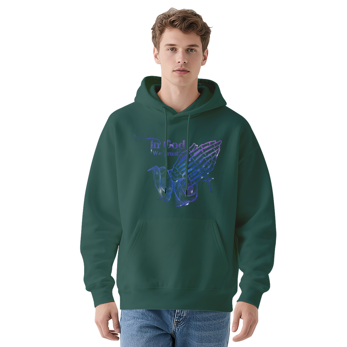 Neon Praying Hands In God We Trust Graphic Hoodie - Christian Faith Pullover