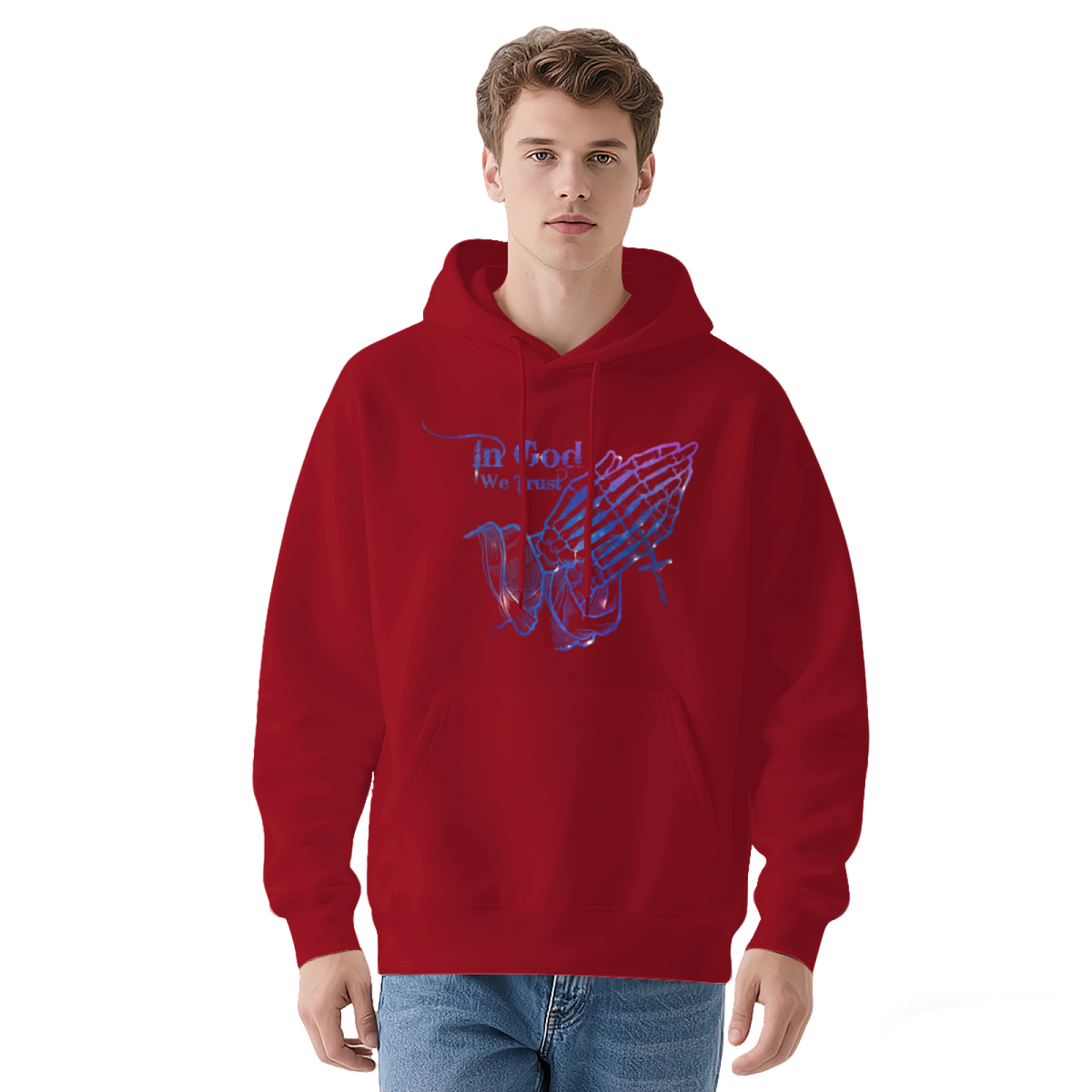 Neon Praying Hands In God We Trust Graphic Hoodie - Christian Faith Pullover
