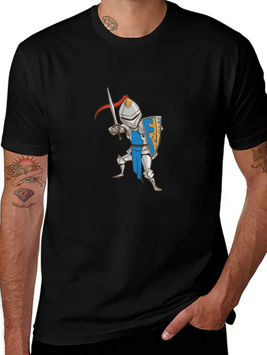 Cartoon Knight Graphic Tee - Black Cotton T-Shirt