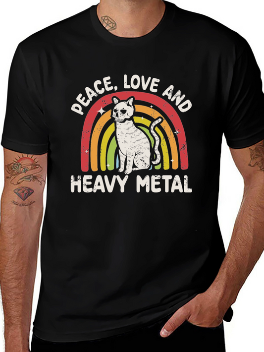 Peace Love Heavy Metal Cat Rainbow T-Shirt