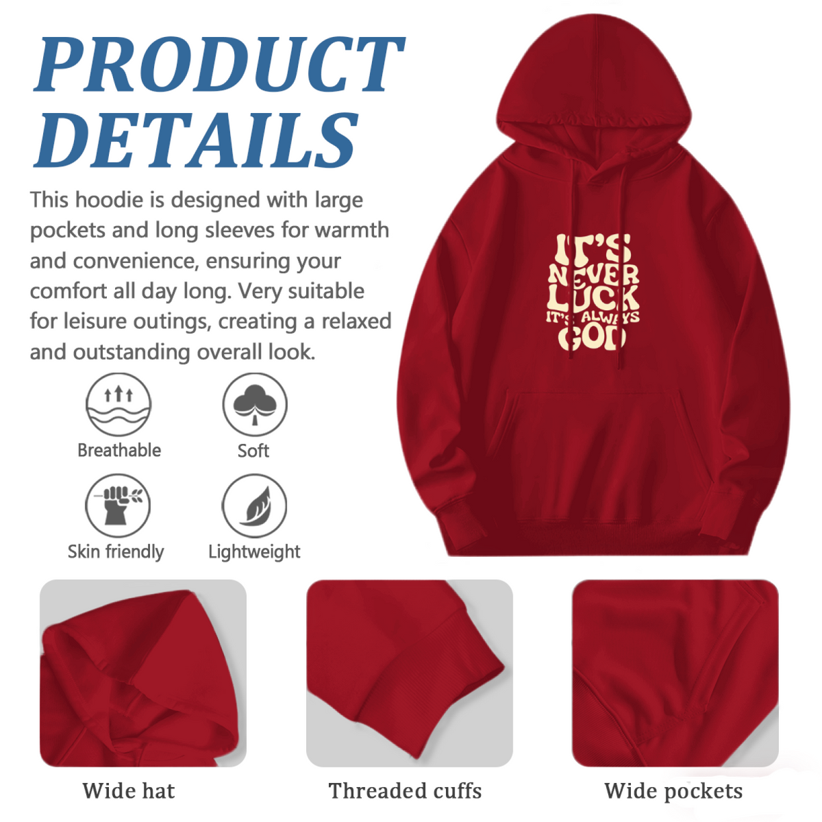 It¡¯s Never Luck It¡¯s Always God Faith Wavy Text Hoodie