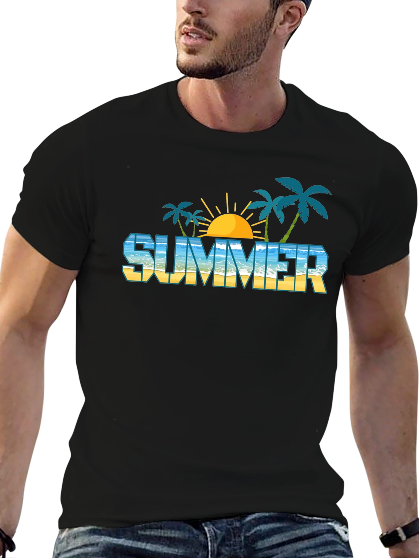 Summer Beach Graphic Black T-Shirt