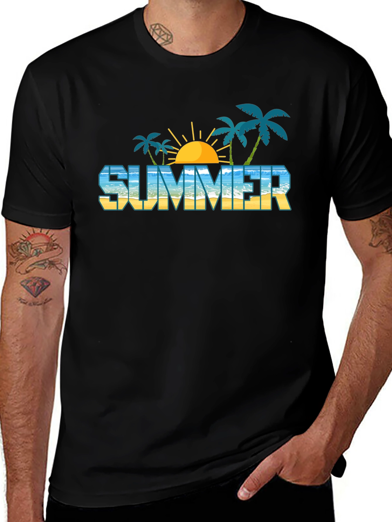Summer Beach Graphic Black T-Shirt