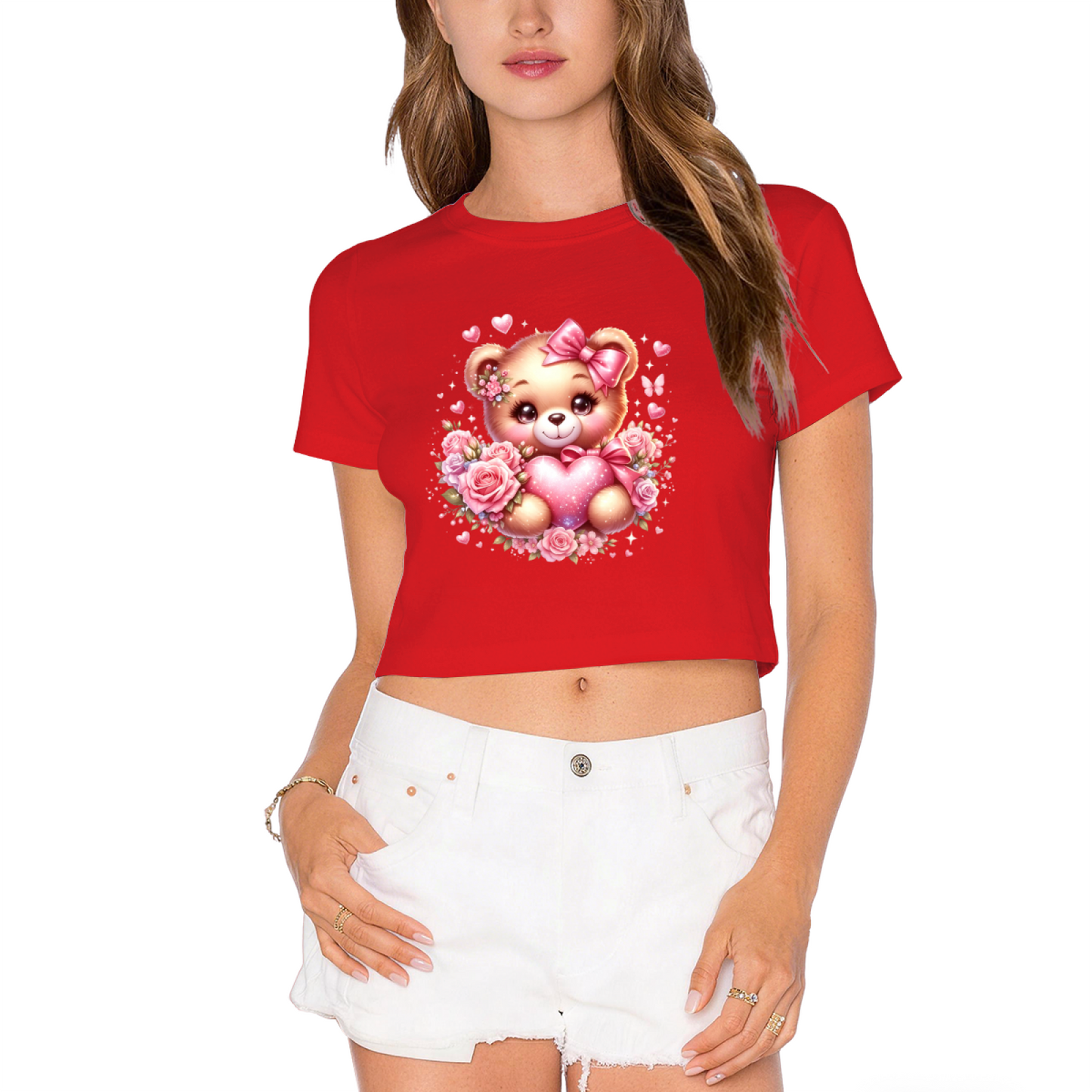 Cute Rose Bear Sweet Pink  Crop Top