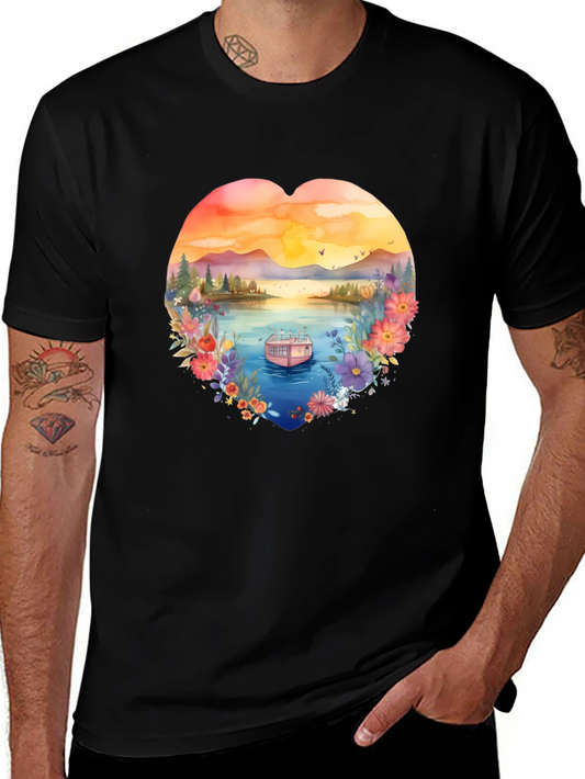 Floral Lake House Black T-Shirt