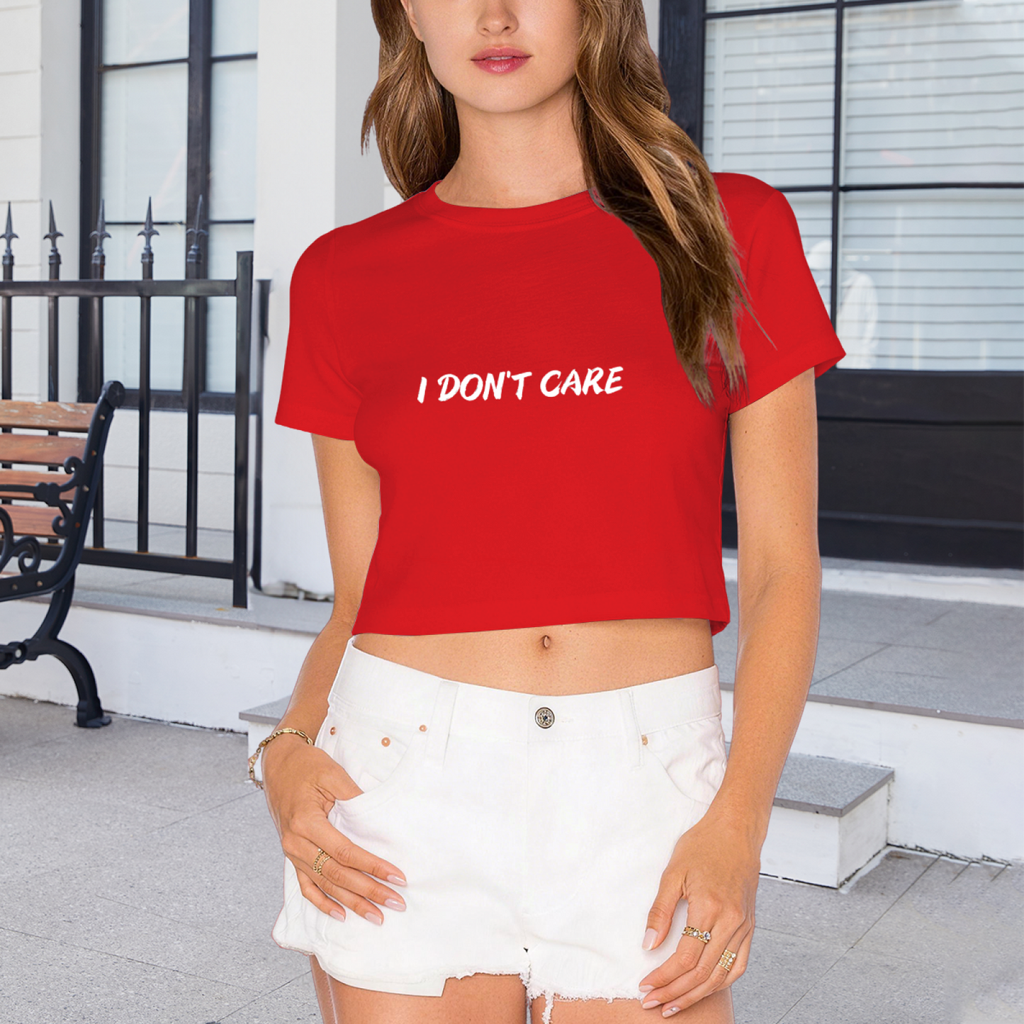 Bold Red Cropped Top With Eye-Catching I DON¡¯T CARE Slogan