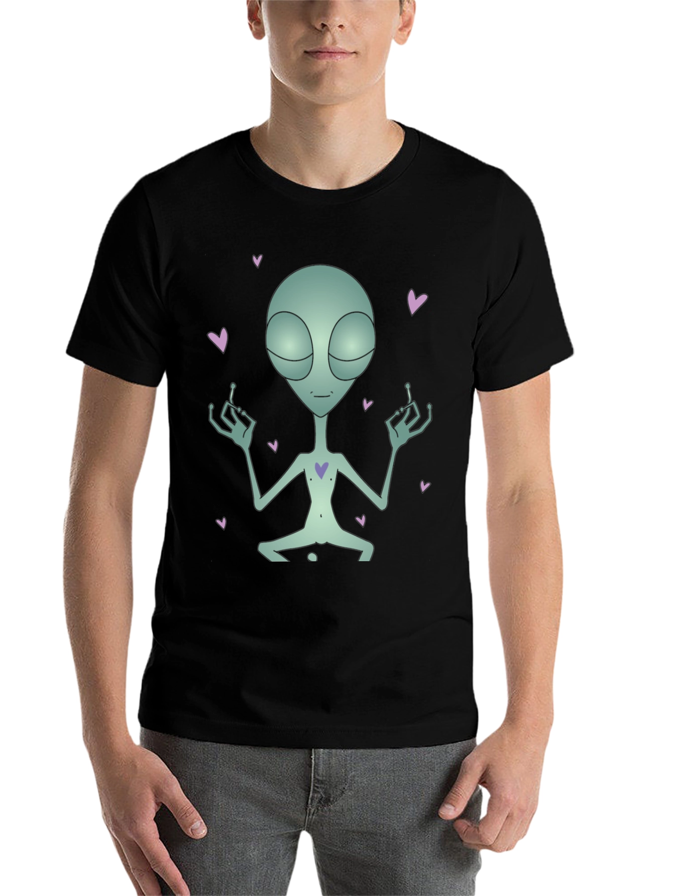 Meditating Alien Heart Black T-Shirt