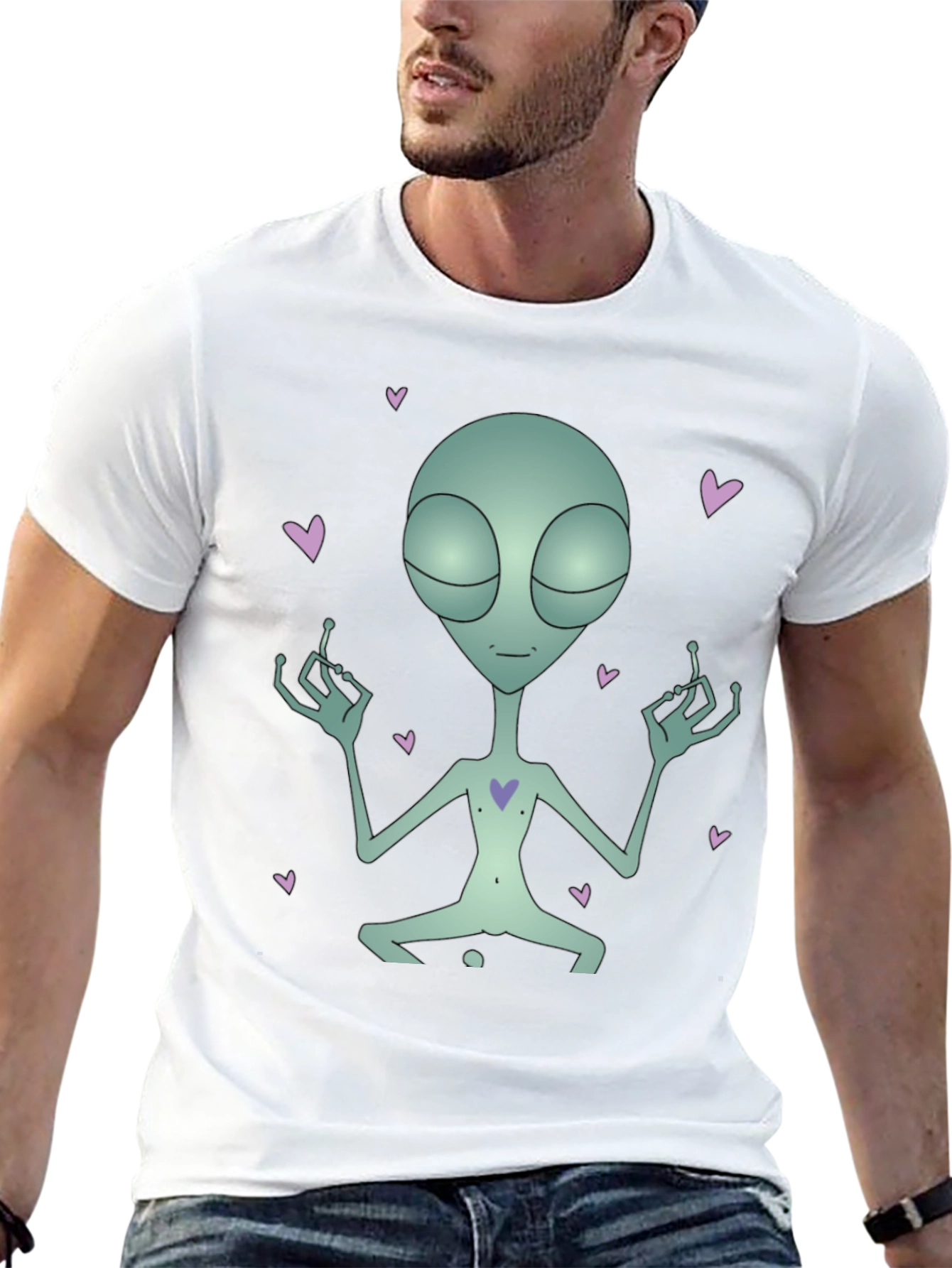 Meditating Alien Heart Black T-Shirt