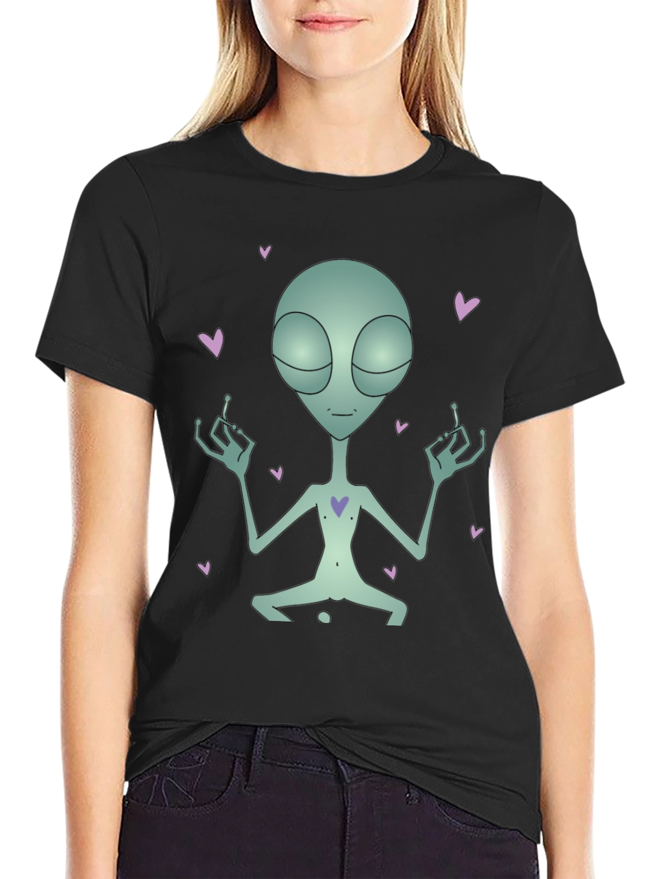 Meditating Alien Heart Black T-Shirt