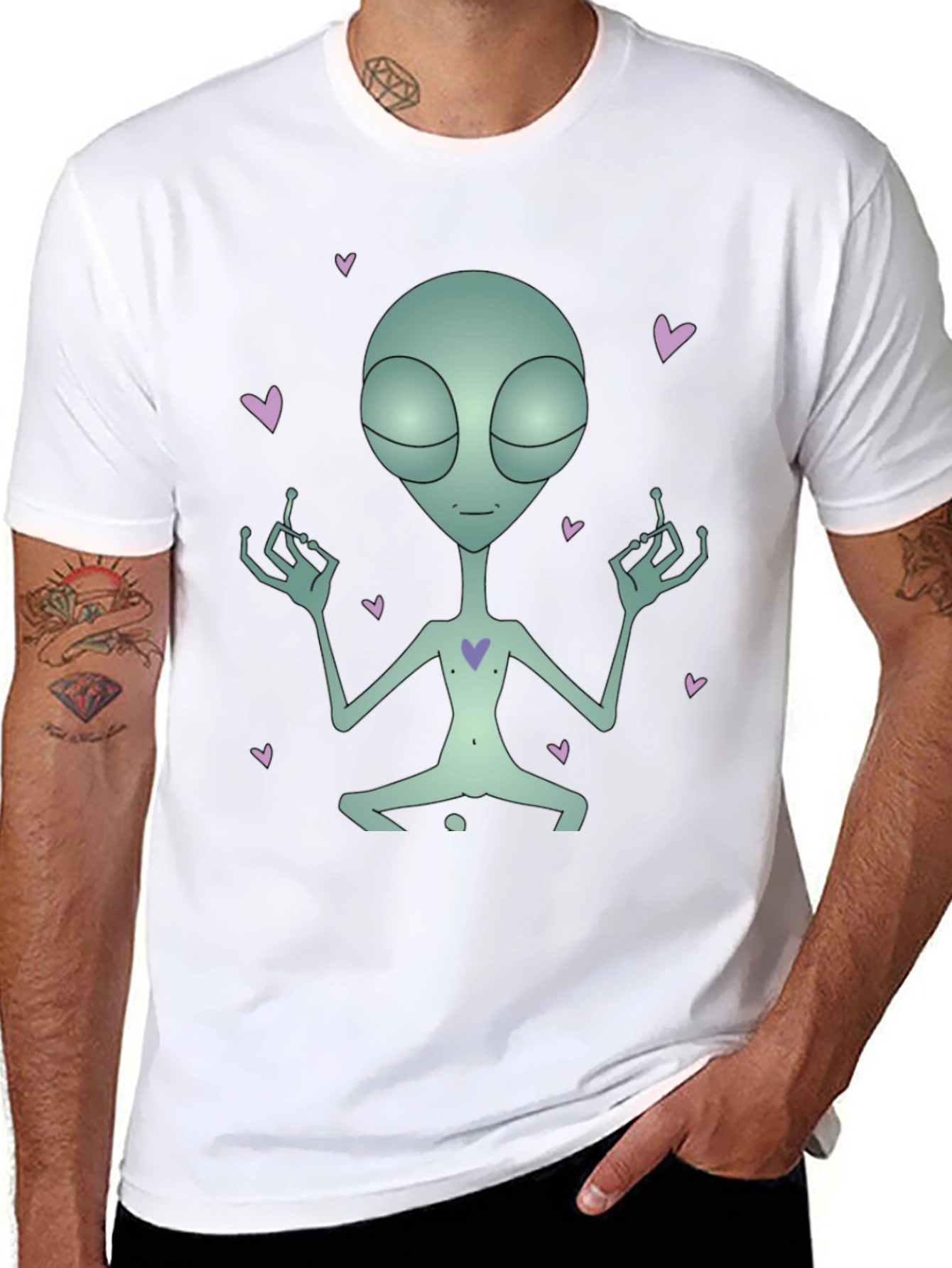 Meditating Alien Heart Black T-Shirt