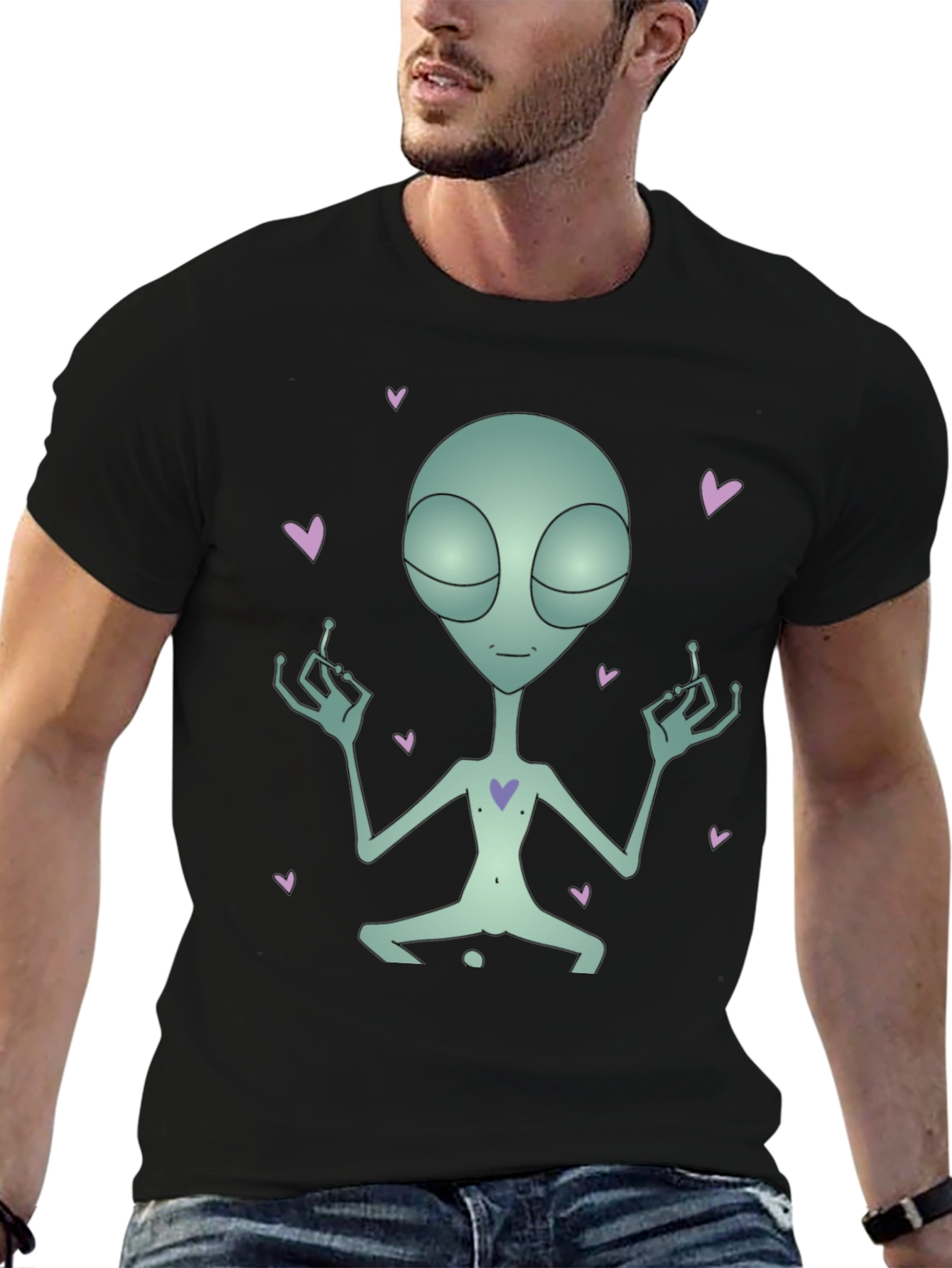 Meditating Alien Heart Black T-Shirt