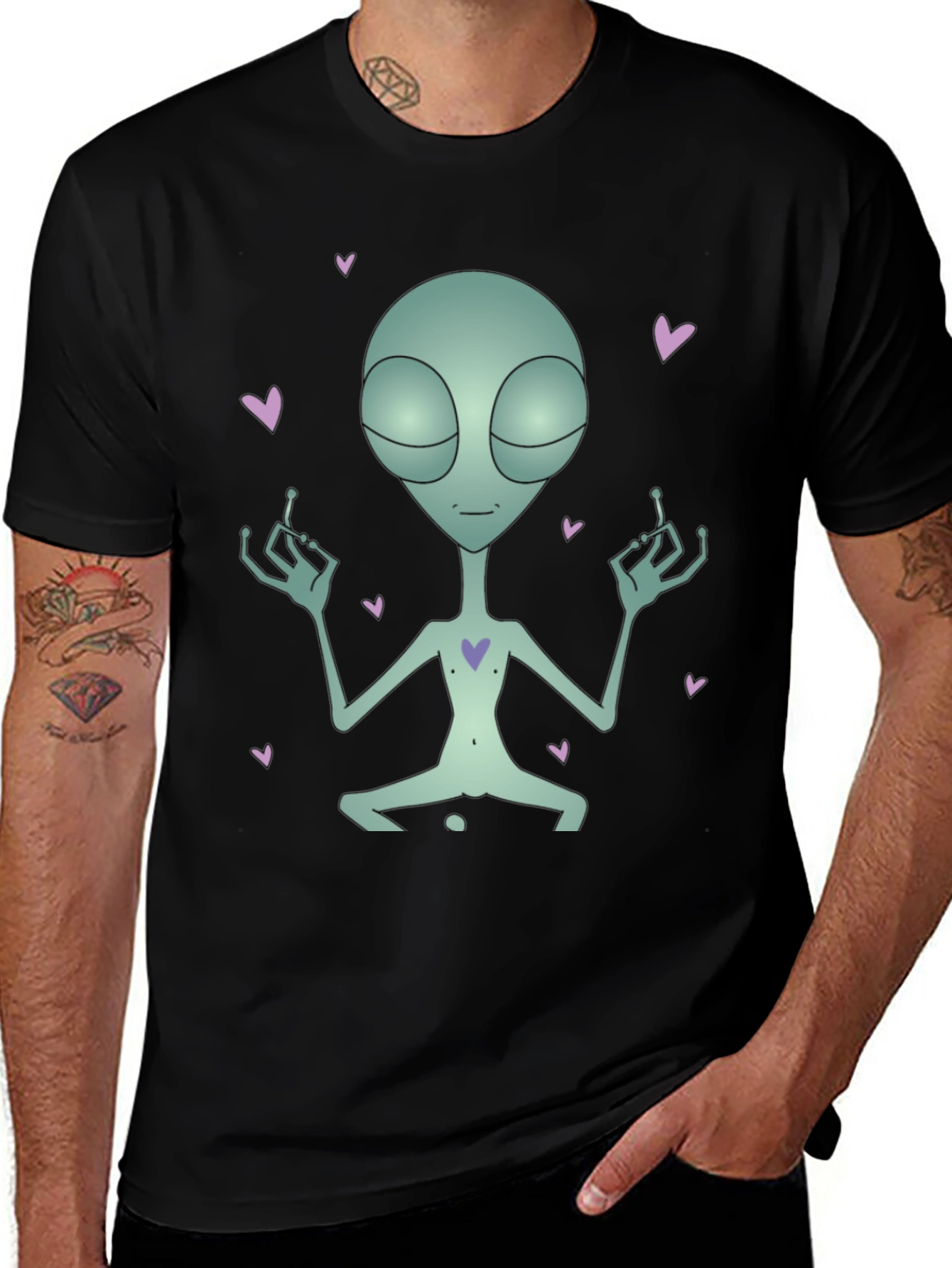 Meditating Alien Heart Black T-Shirt