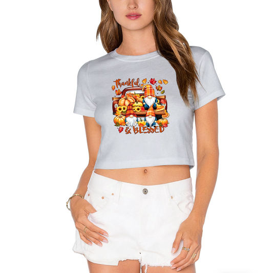 Thankful & Blessed Gnome Pumpkin Truck Fall Thanksgiving Cropped Tee