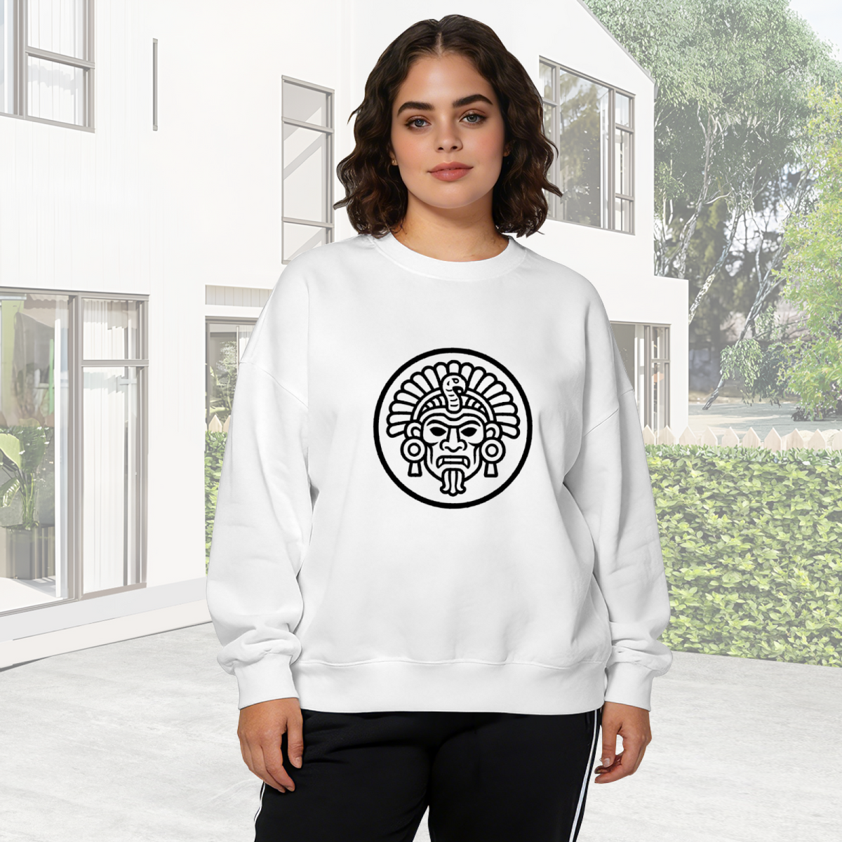 Aztec Ancient Mask Symbol Graphic Crewneck Sweatshirt