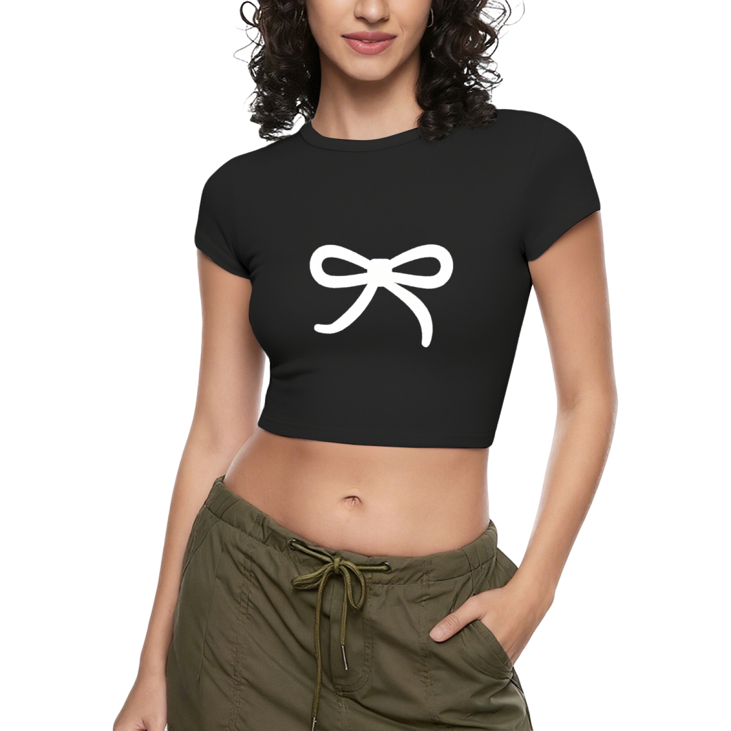 Minimal White Bow Hot Pink Coquette Crop Baby Tee