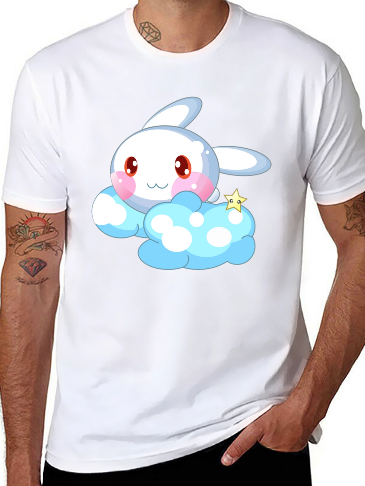 Cute Cartoon Bunny Cloud Black T-Shirt