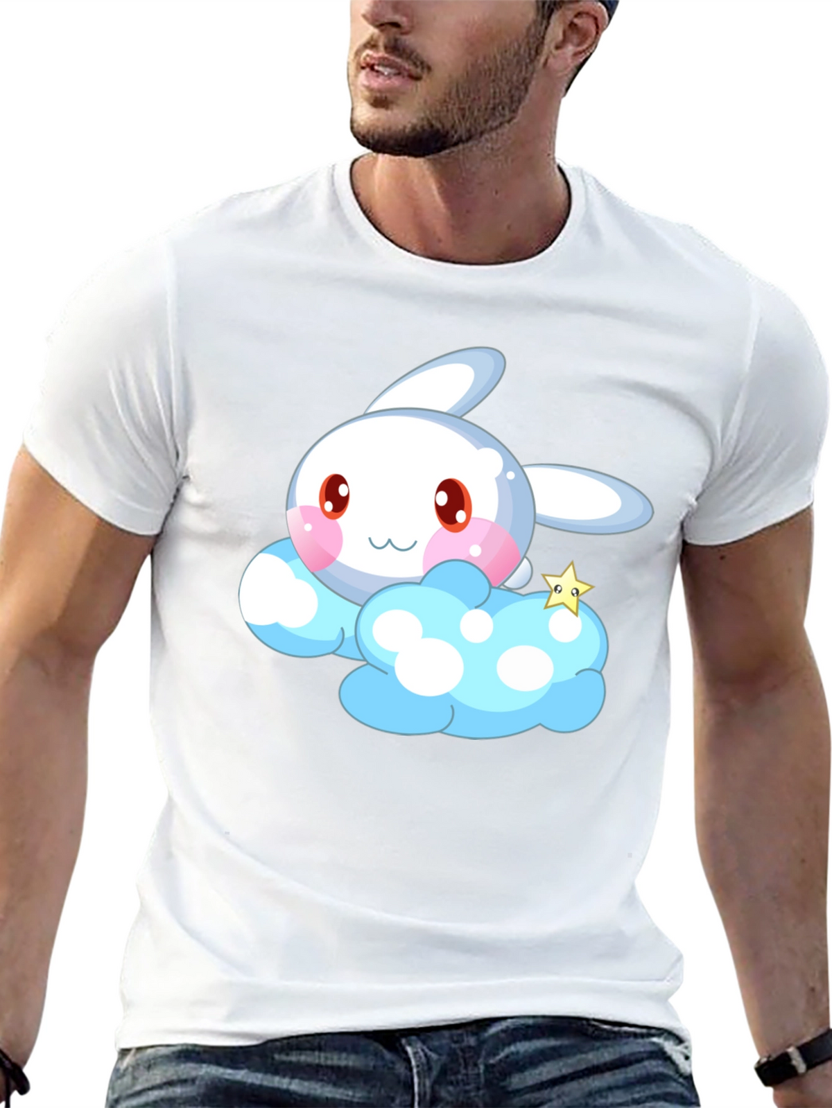 Cute Cartoon Bunny Cloud Black T-Shirt