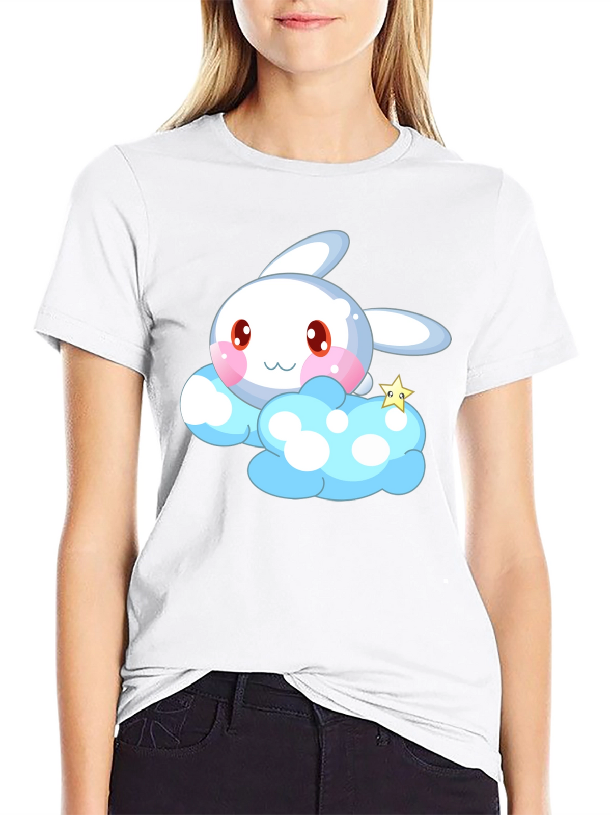 Cute Cartoon Bunny Cloud Black T-Shirt