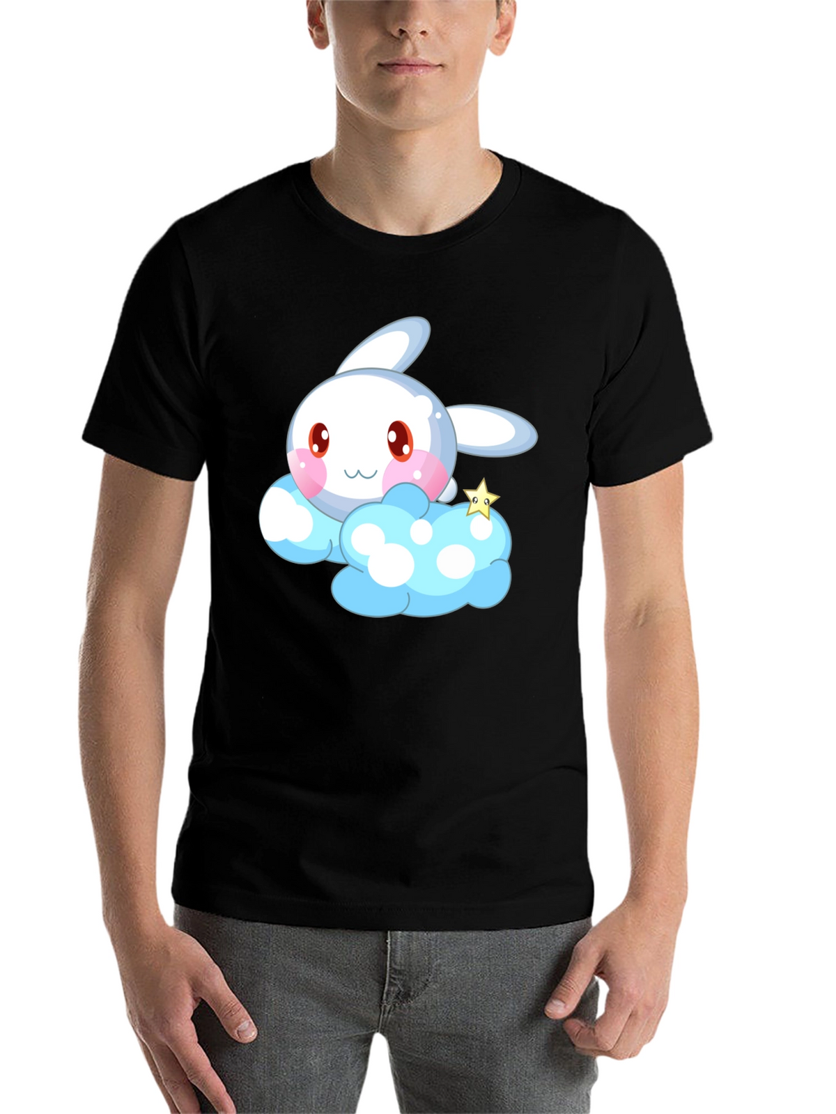 Cute Cartoon Bunny Cloud Black T-Shirt
