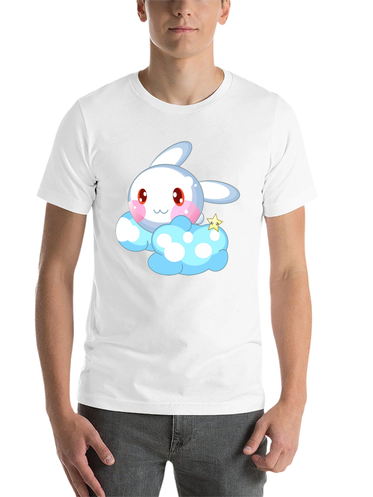 Cute Cartoon Bunny Cloud Black T-Shirt