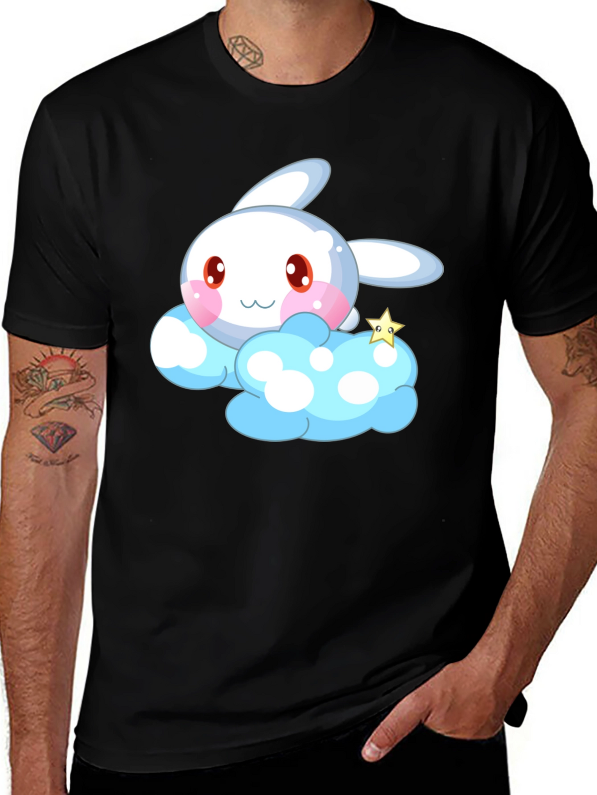 Cute Cartoon Bunny Cloud Black T-Shirt