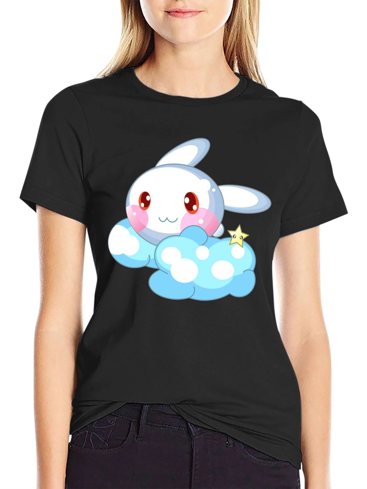 Cute Cartoon Bunny Cloud Black T-Shirt
