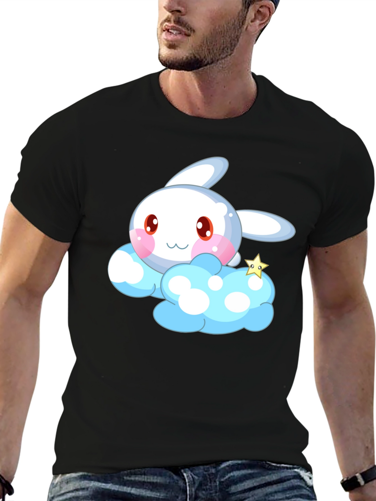 Cute Cartoon Bunny Cloud Black T-Shirt