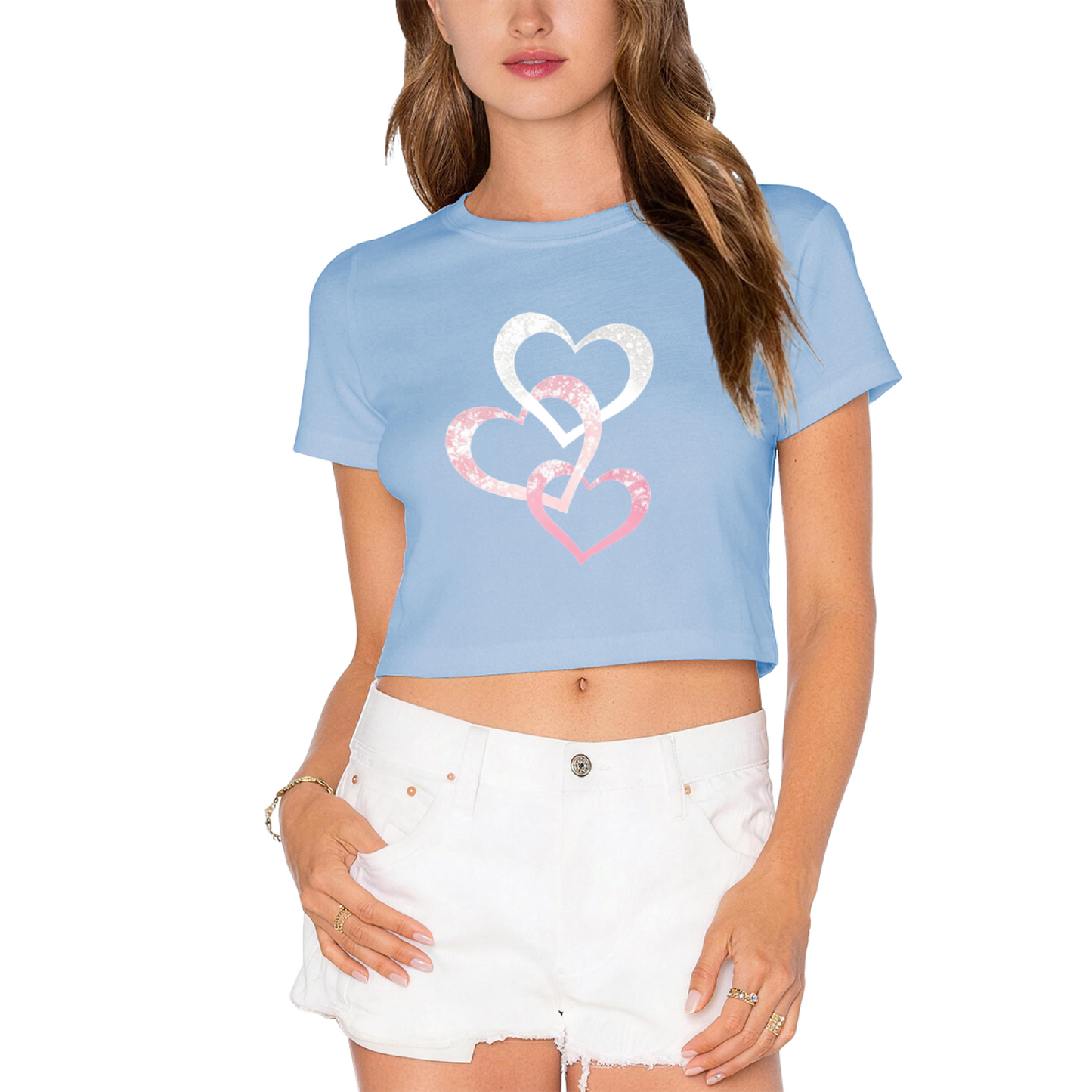 Triple Glitter Intertwined Hearts Pink Coquette Crop Tee