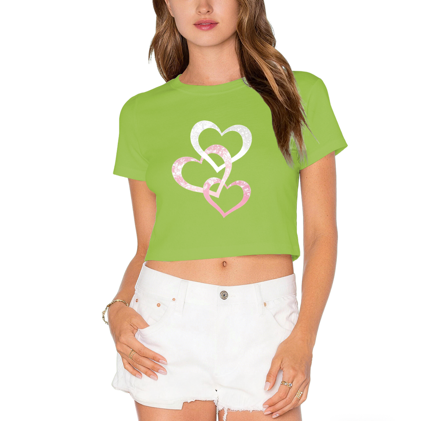 Triple Glitter Intertwined Hearts Pink Coquette Crop Tee
