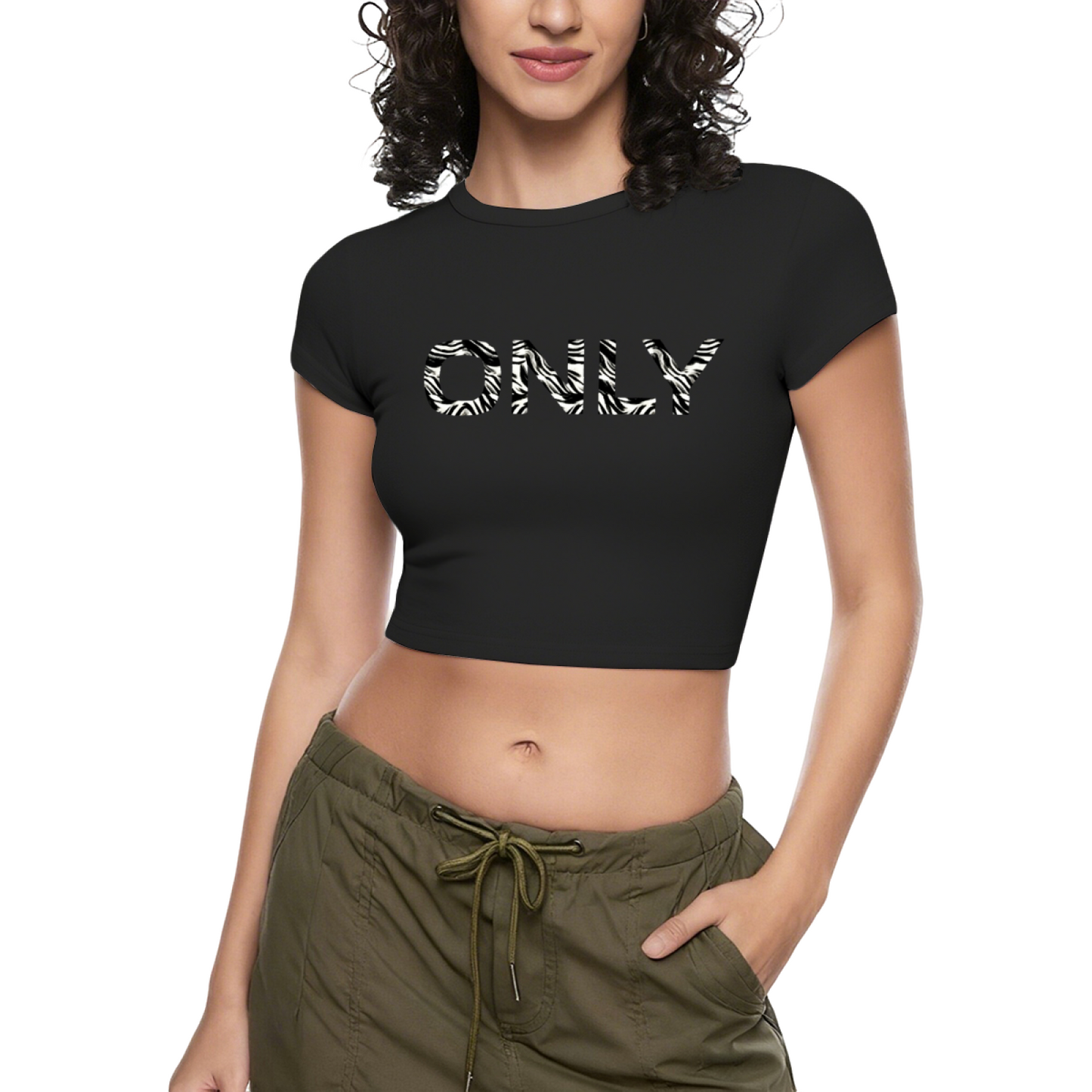 Zebra Print ONLY Letter White Baby Crop Top ¨C Minimal Y2K Slim Fit Tee 7.