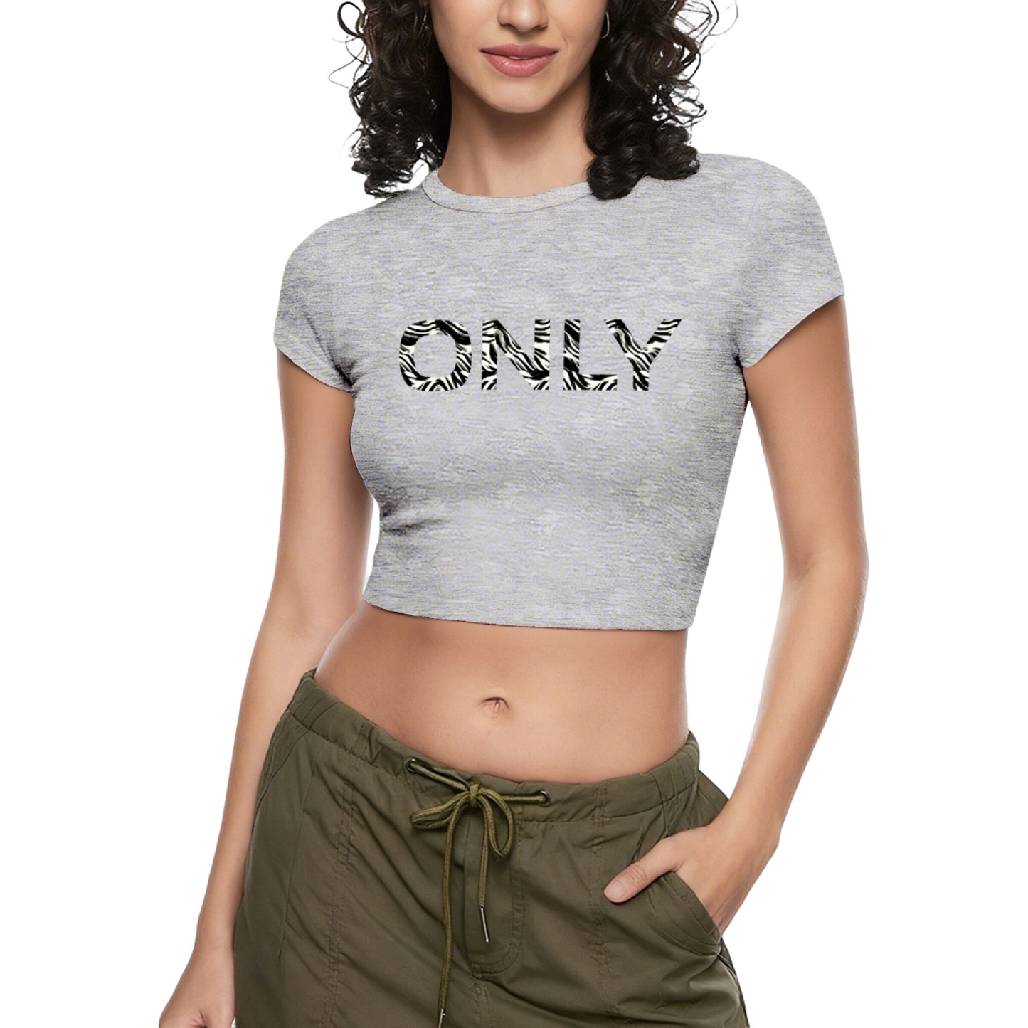 Zebra Print ONLY Letter White Baby Crop Top ¨C Minimal Y2K Slim Fit Tee 7.
