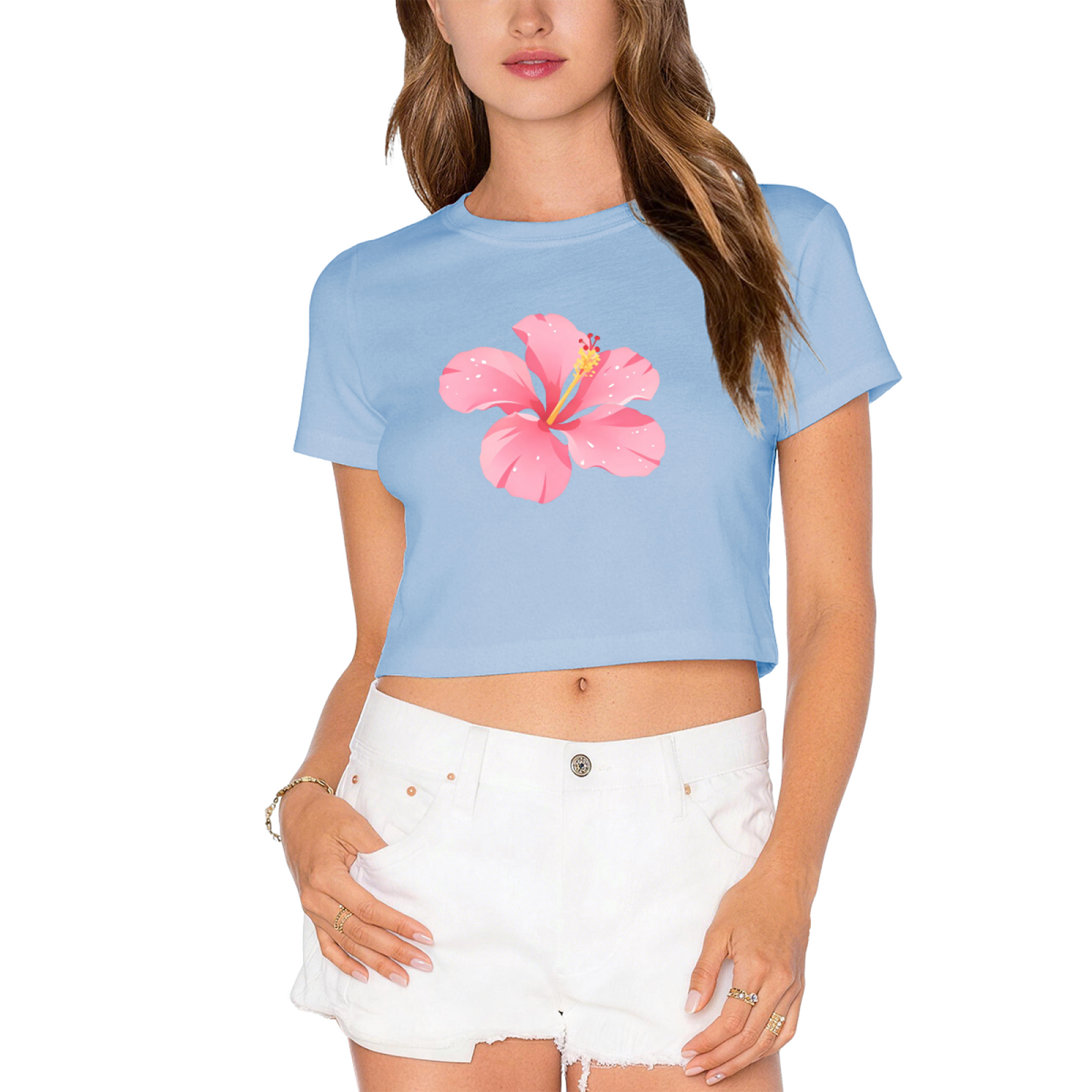 Tropical Hibiscus Flower Hot Pink Crop Top ¨C Summer Vacation Hawaiian Cute Women Tee