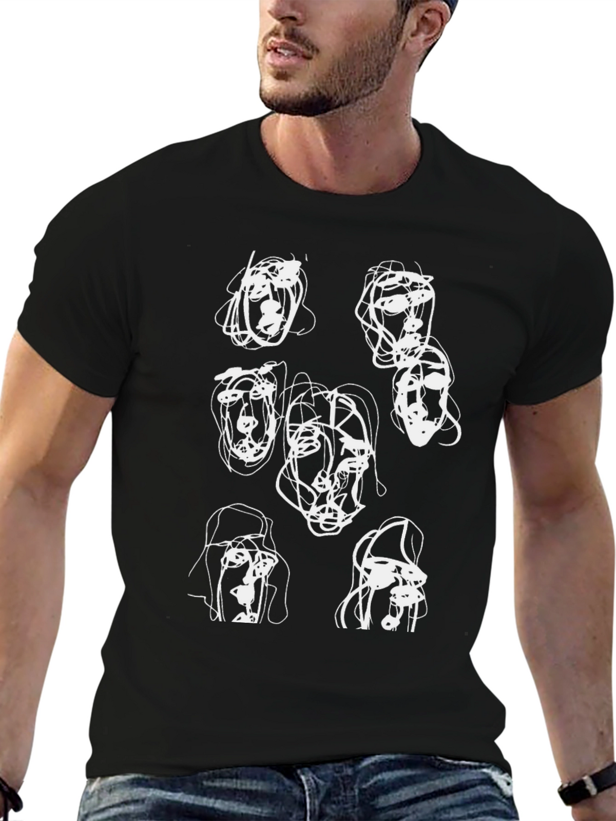 Abstract Faces Black Graphic Tee