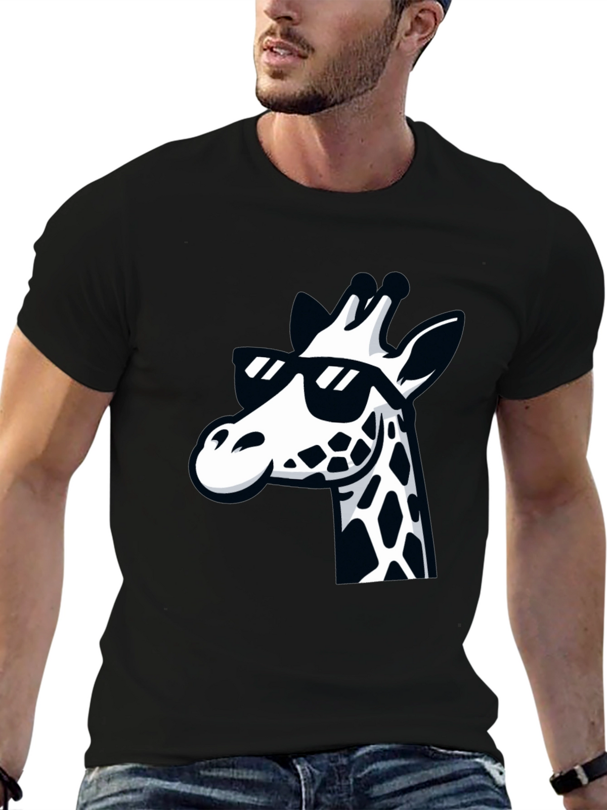 Cool Giraffe Graphic Tee - Black Crewneck T-Shirt