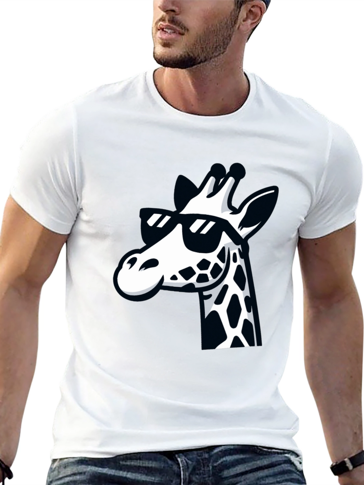 Cool Giraffe Graphic Tee - Black Crewneck T-Shirt